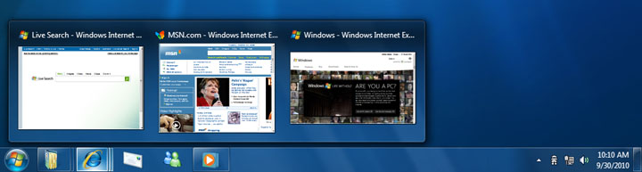 win7_m3_ms_36 Om ett program är igång så får du upp previews för programmet och kan växla till de fönster du vill gå till.